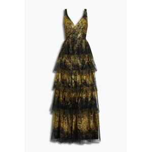 Marchesa Notte Gold Sleeveless V-Neck Tulle Dress Black Glitter Size 4